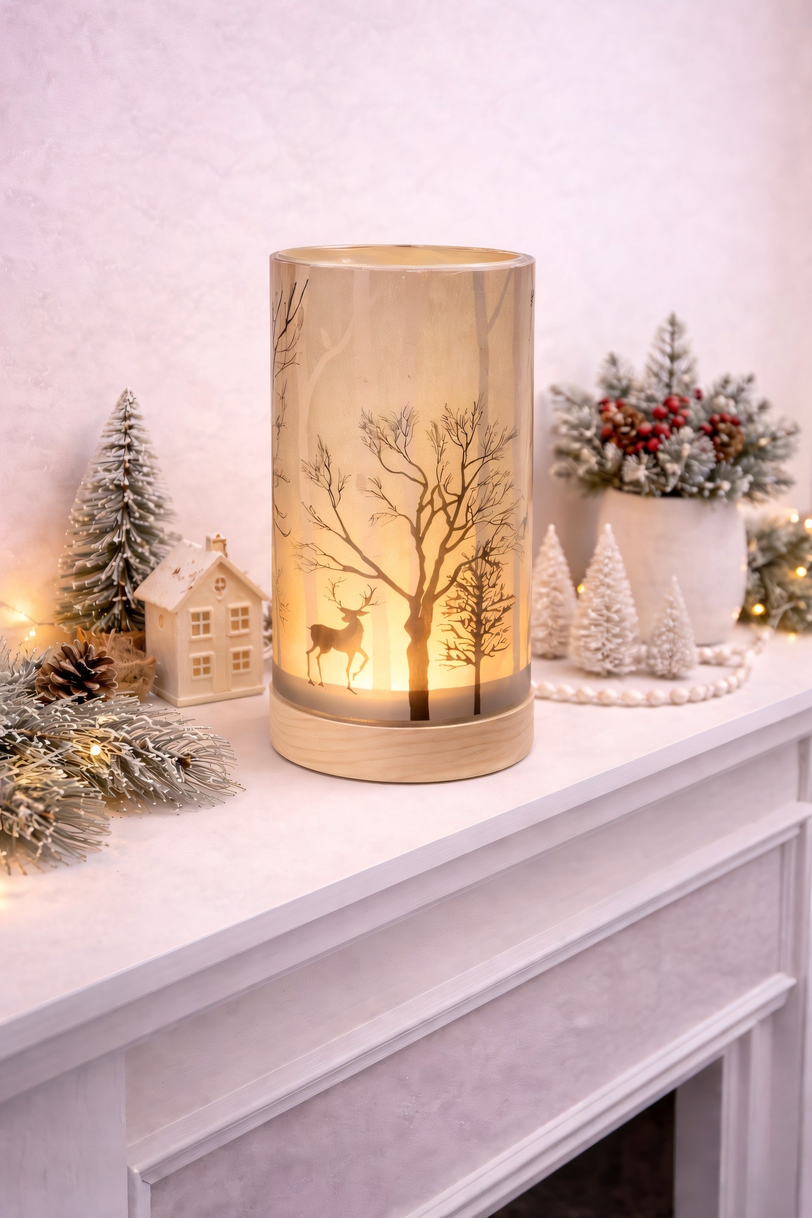 ITEM KOP 43475 - 3.5X8" LED GLASS CYLINDER WITH REINDEER DESIGN - CLOSED TOP
