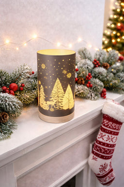 ITEM KOP 43479 - 3.5"X6" LED BROWN GLASS TREE CYLINDER WITH WOOD BASE