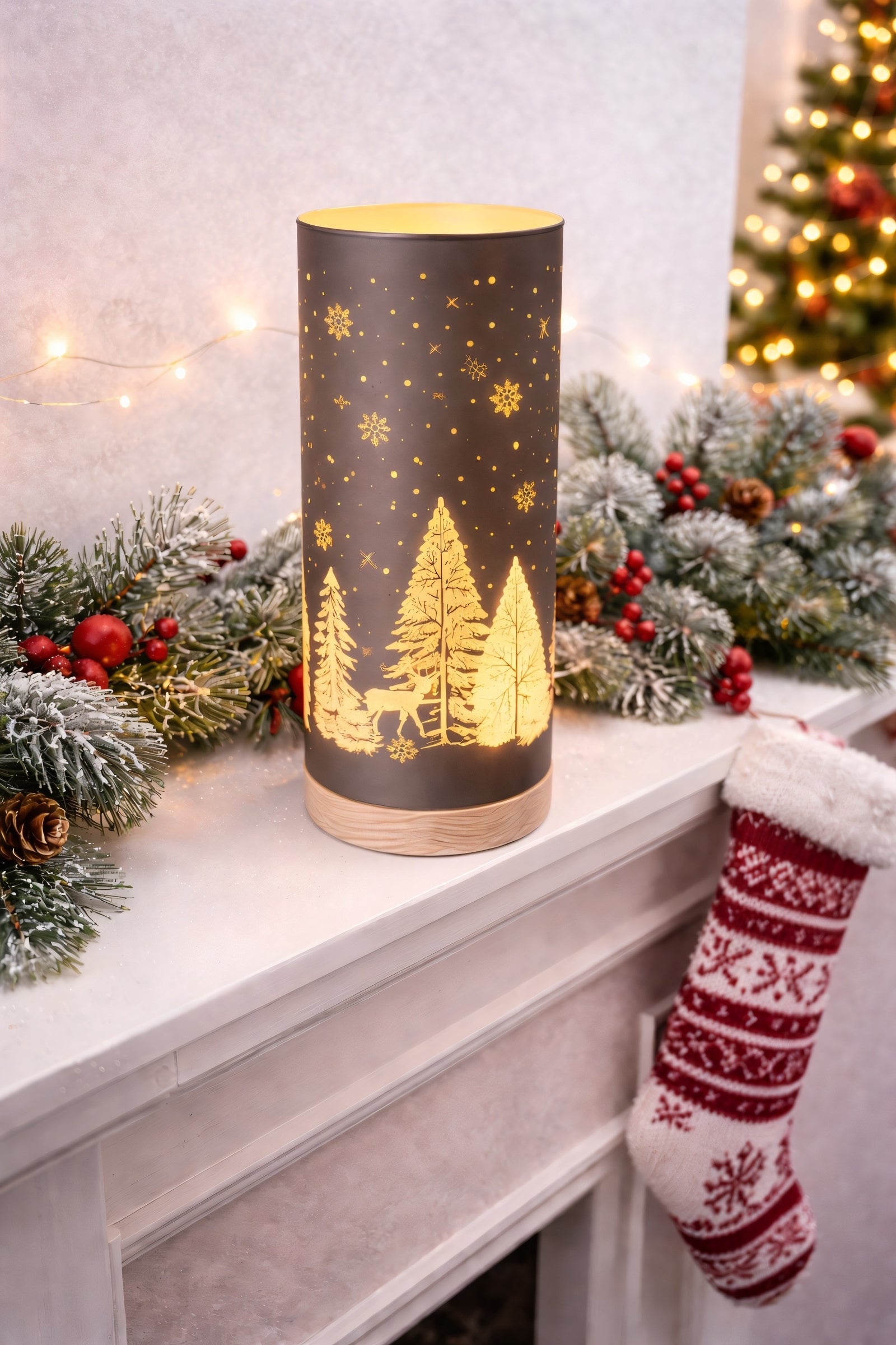 ITEM KOP 43481 - 3.5"X8.5" LED BROWN GLASS TREE CYLINDER WITH WOOD BASE