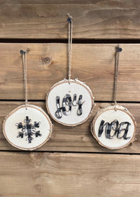 ITEM KOP 47870 - 4" WHITE/BLACK BUFFALO PLAID WORD ORNAMENTS