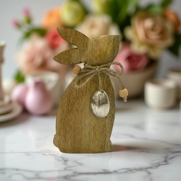 ITEM KOP 52748 - 4"X1.5"X7" MANGO WOOD RABBIT WITH METAL EGG NECKLACE