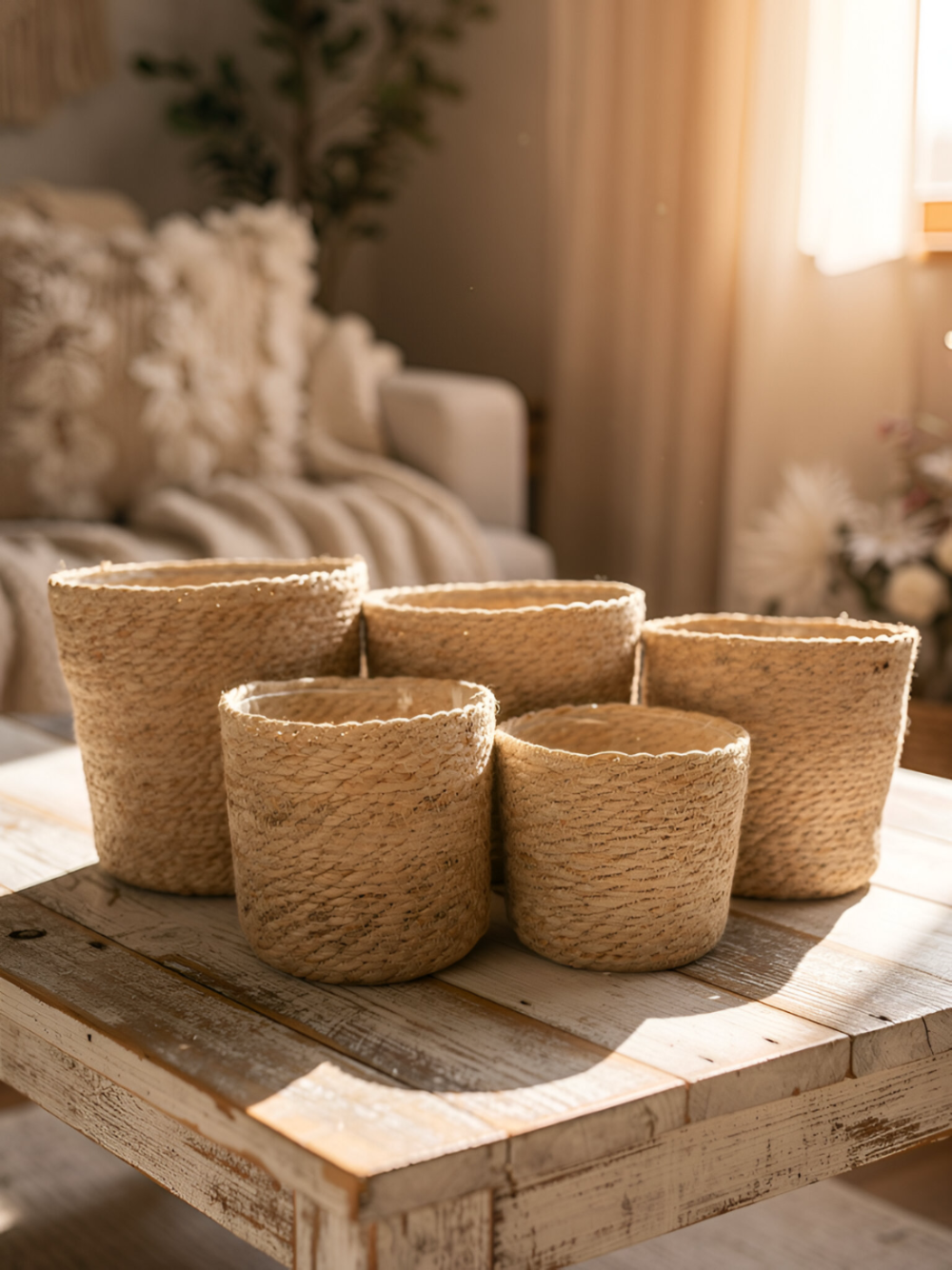 ITEM KOP 54004 - 8", 7", 6.25", 5.5", 4.75" LINED JUTE PLANTERS - SET OF 5