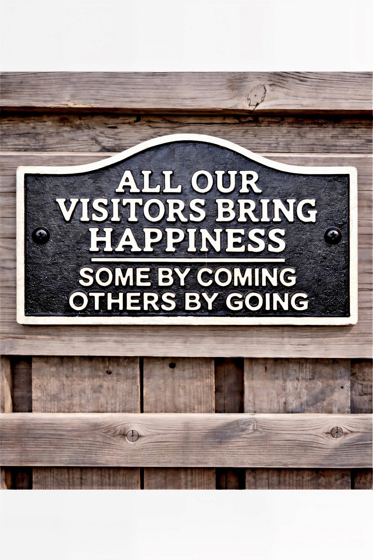 ITEM KOP 55763 - 6"X3" BLACK WROUGHT IRON "ALL OUR VISITORS BRING HAPPINESS..." SIGN