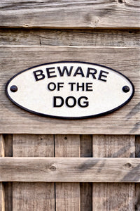 ITEM KOP 55769 - 7"X3.5" OVAL WHITE WROUGHT IRON "BEWARE OF THE DOG" SIGN