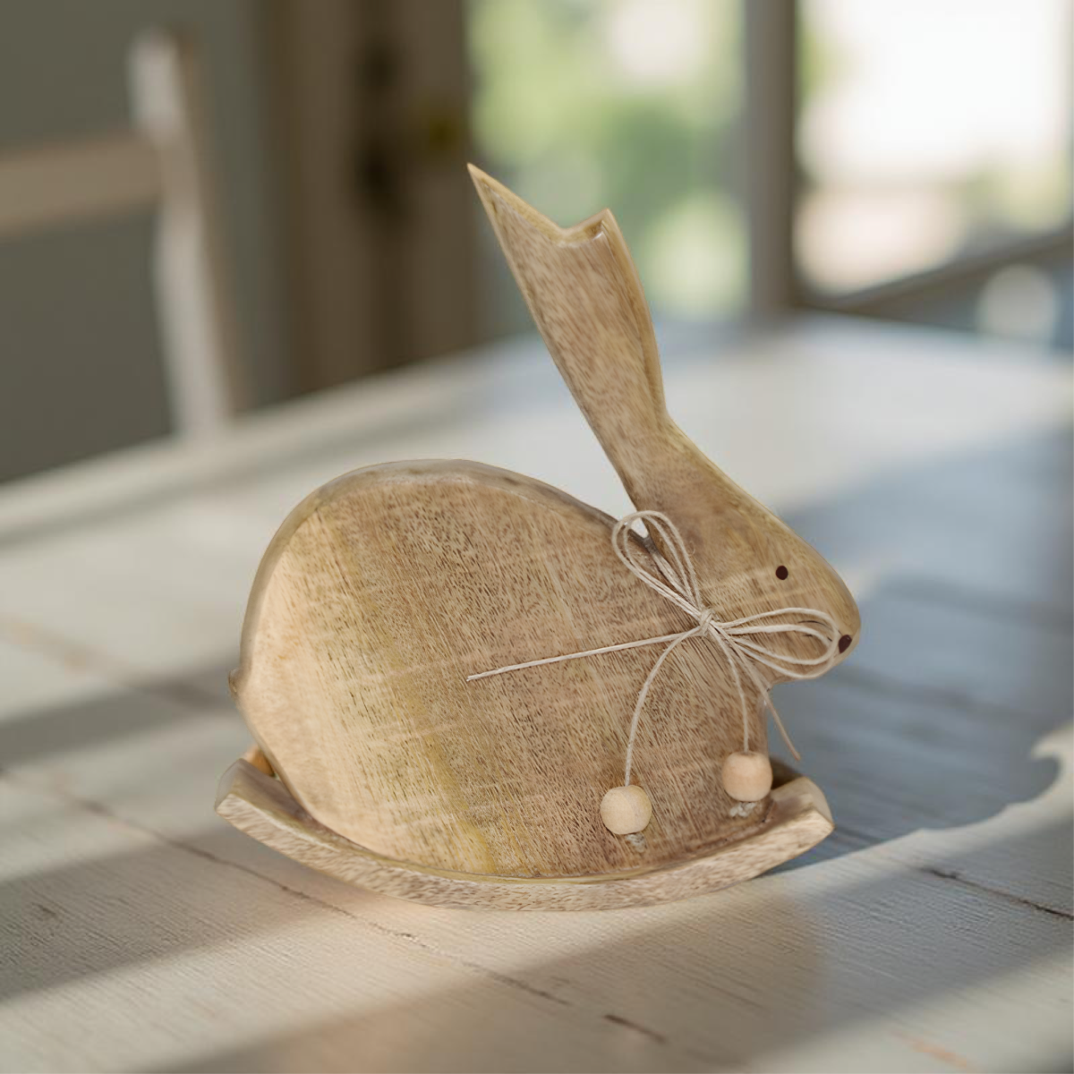 ITEM KOP 58209 - 5"X1.5X5.5" MANGO WOOD ROCKING RABBIT WITH BOW