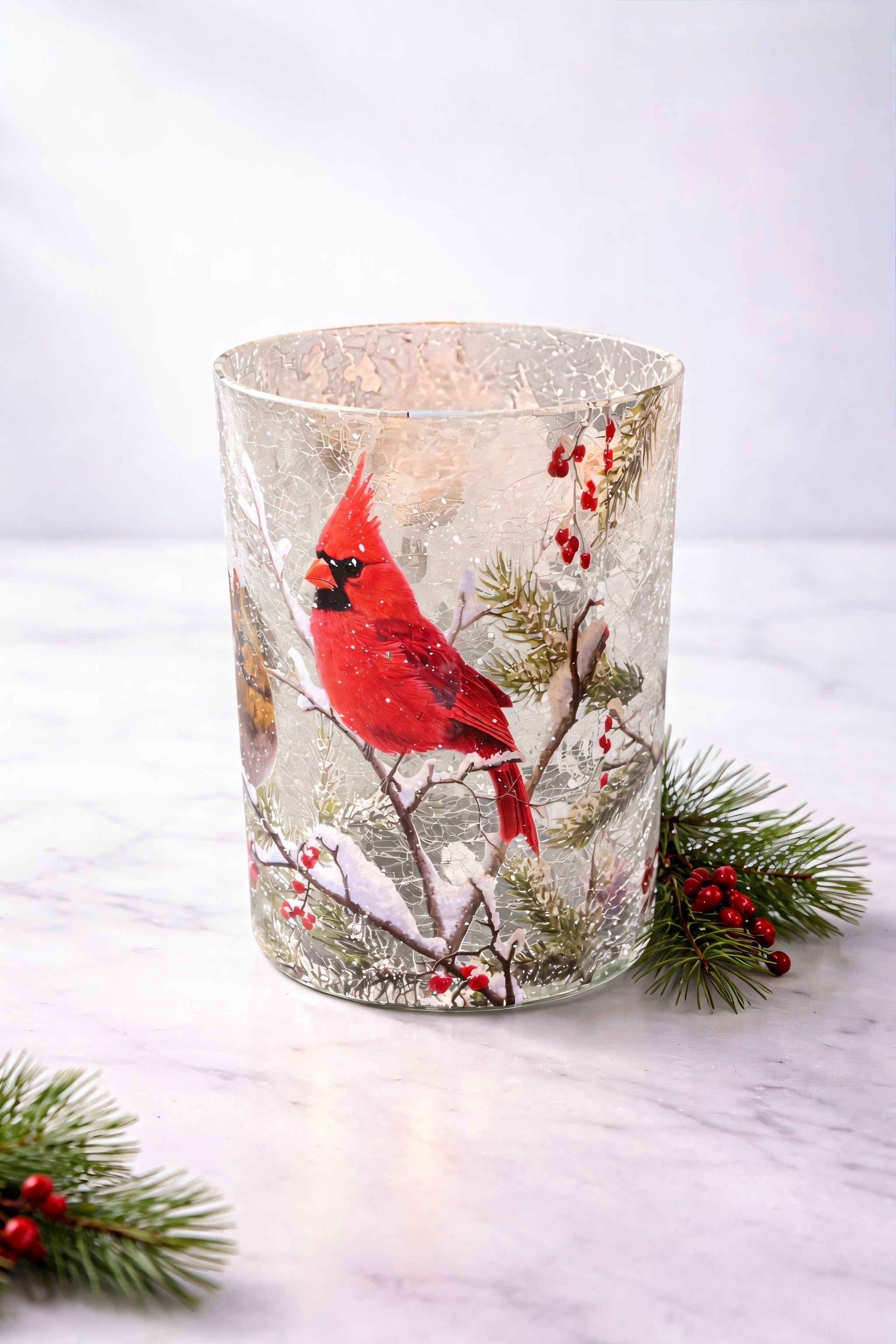 ITEM KOP 80624 - 5"X8" GLASS CARDINAL CANDLE HOLDER