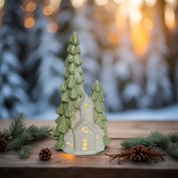 ITEM KOP 80727 - 4.5"X3.25"X7.75" LED CERAMIC CHURCH WITH TREES