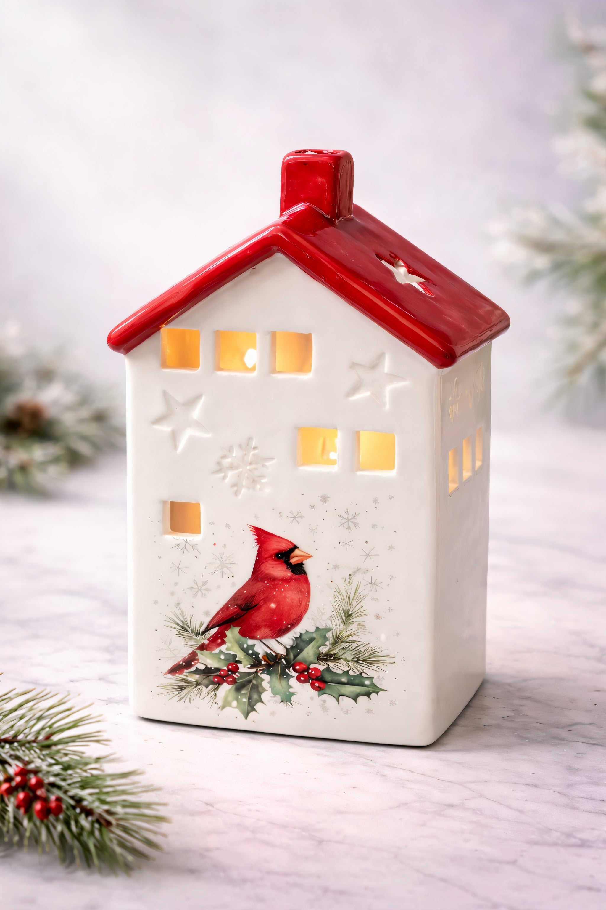 ITEM KOP 80756 - 4.5"X3.5"X7.75" CERAMIC CARDINAL CANDLE HOUSE