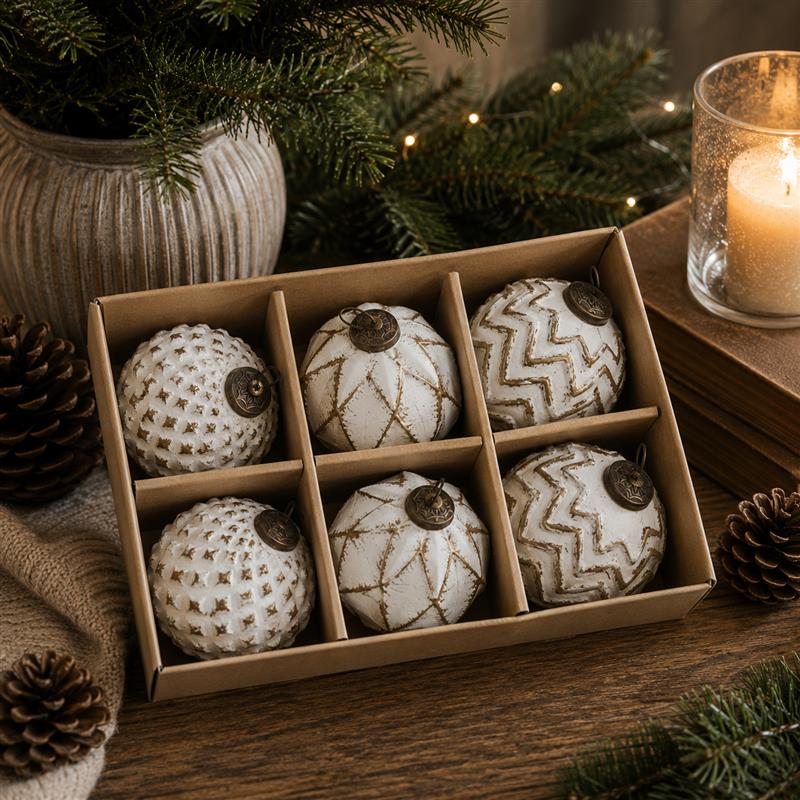 ITEM KOP 80905 - 4" RUSTIC WHITE PINECONE ORNAMENTS - SET OF 6
