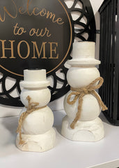 ITEM KOP 82405 - WOODEN SNOWMAN CANDLE HOLDERS - SET OF 2  3.5"X6.75"/4"X9"