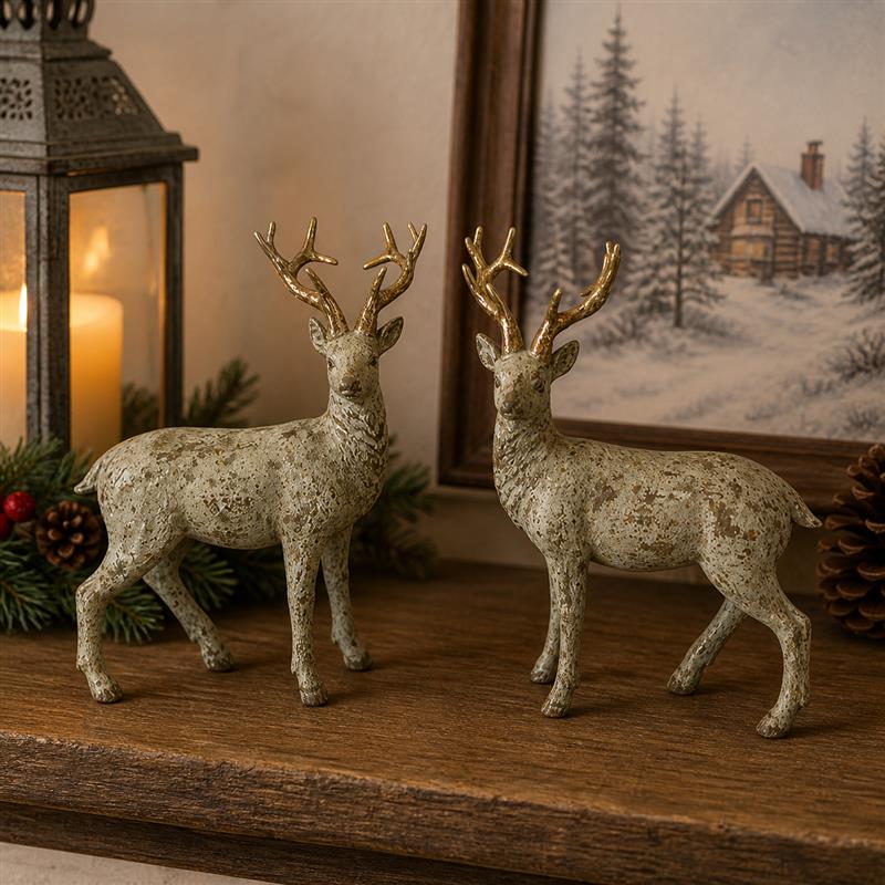 ITEM KOP 83311 - 5"X3"X6" RESIN STANDING REINDEER WITH GOLD ANTLERS - 2 ASSORTED