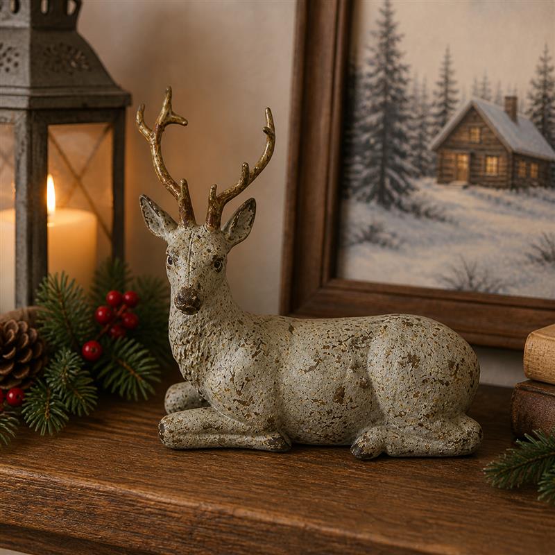 ITEM KOP 83312 - 5"X2"X5.5" RESIN SITTING REINDEER WITH GOLD ANTLERS
