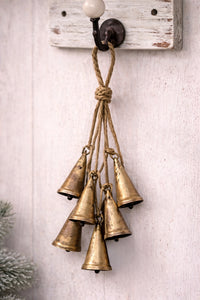 ITEM KOP 84629 - 13"L RUSTIC HANGING METAL GOLD BELL ORNAMENT HANGER WITH 6 MEDIUM CONE SHAPE BELLS