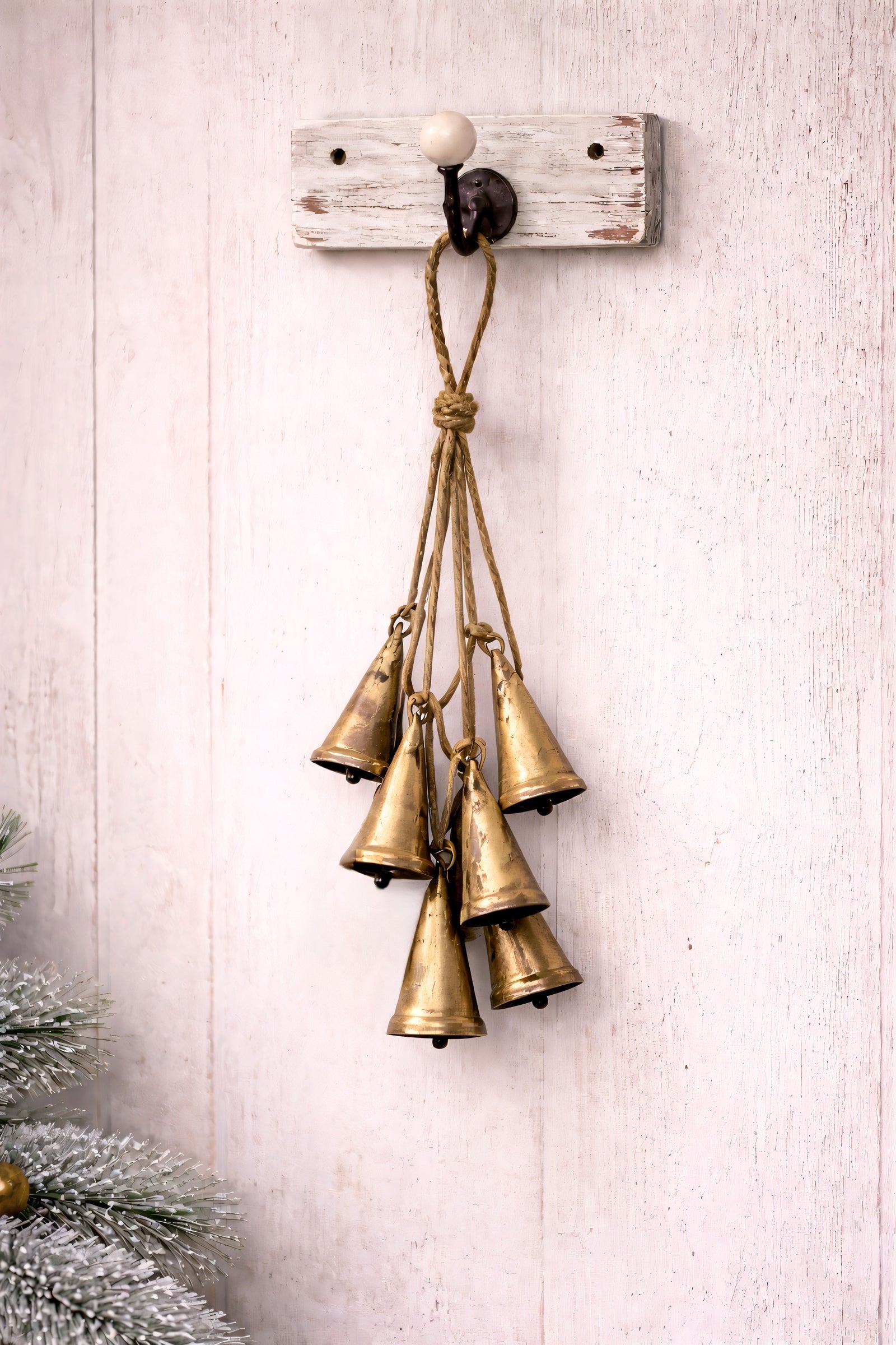 ITEM KOP 84630- 12"L RUSTIC HANGING METAL GOLD BELL ORNAMENT HANGER WITH 6 SMALL CONE SHAPE BELLS