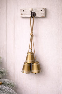 ITEM KOP 86114- 18.5"L RUSTIC HANGING METAL GOLD BELL ORNAMENT HANGER WITH 3 HANDBELLS