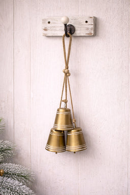 ITEM KOP 86114- 18.5"L RUSTIC HANGING METAL GOLD BELL ORNAMENT HANGER WITH 3 HANDBELLS