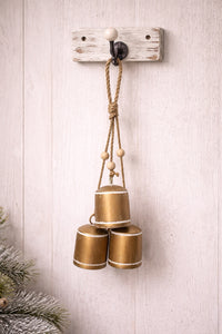 ITEM KOP 86115- 18.5"L RUSTIC HANGING METAL GOLD BELL ORNAMENT HANGER WITH 3 CYLINDRICAL SHAPE BELLS