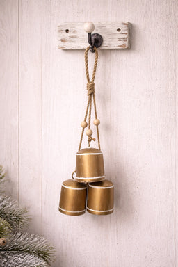 ITEM KOP 86115- 18.5"L RUSTIC HANGING METAL GOLD BELL ORNAMENT HANGER WITH 3 CYLINDRICAL SHAPE BELLS