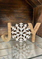 ITEM XC6330 - 9"L X 4.5"H NATURAL/WHITE WASH MANGO WOOD "JOY" SNOWFLAKE