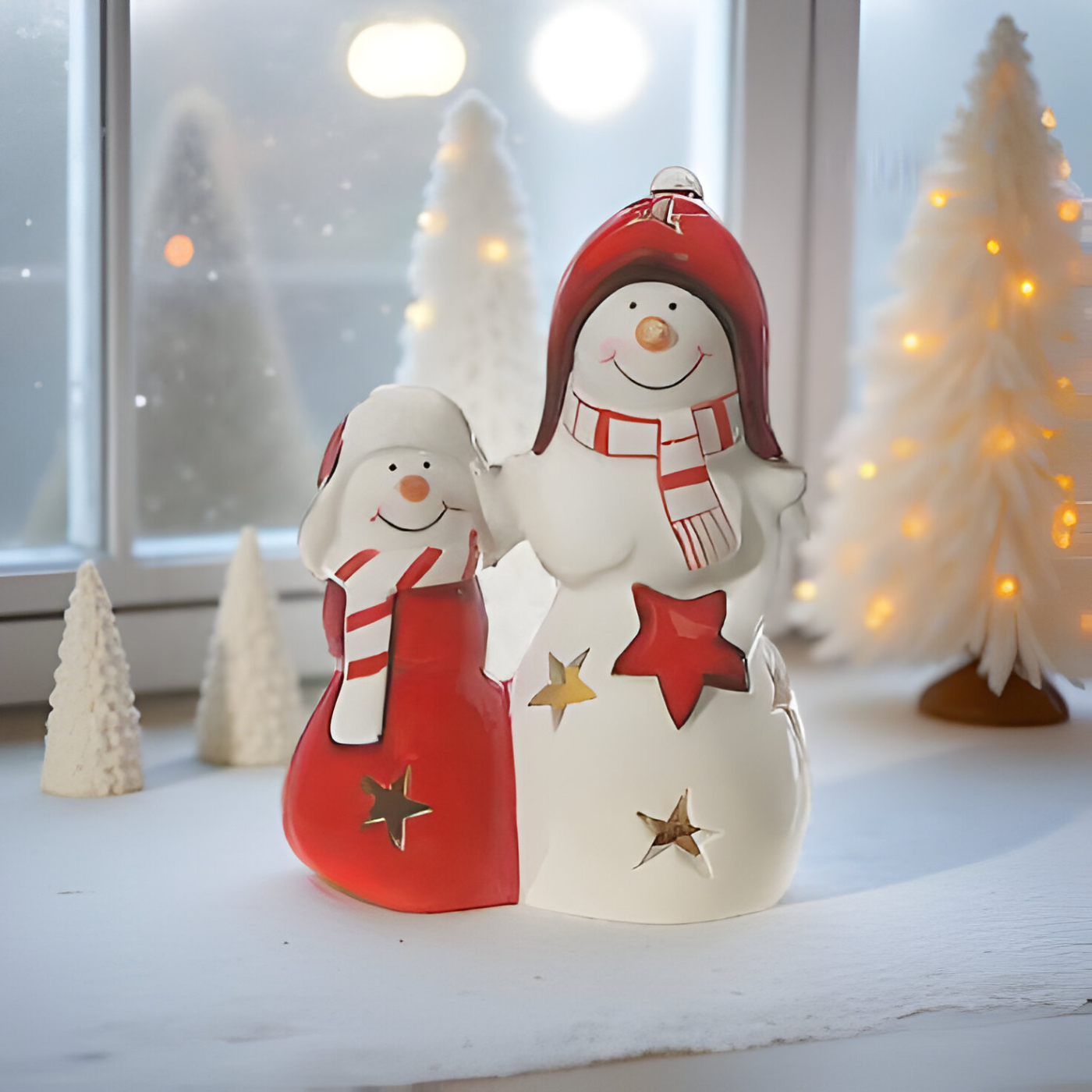 ITEM XMEU1008 - 3.75"X2.25"X5" LED DOUBLE CERAMIC SNOWMAN FIGURINE