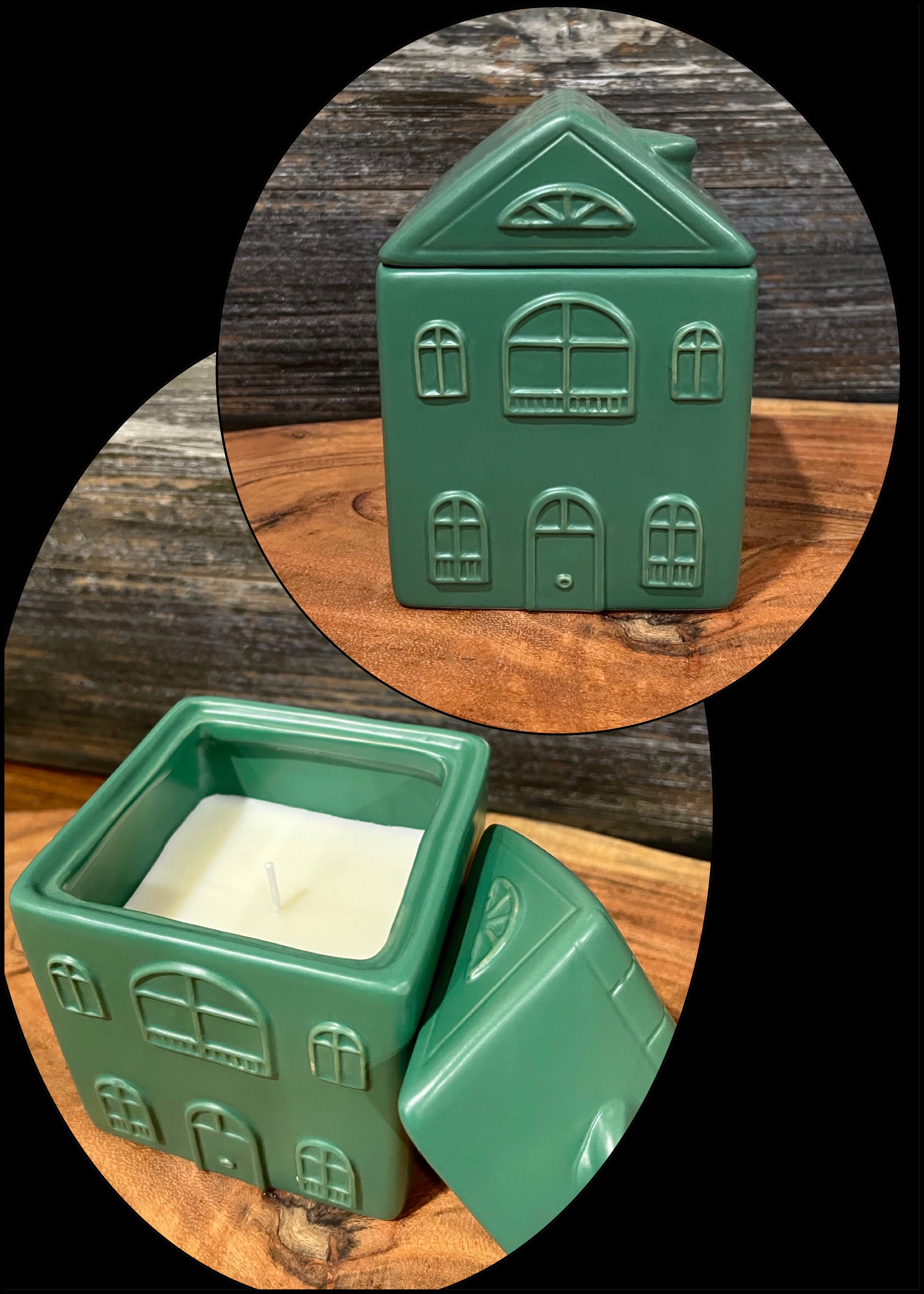 ITEM XMFG2004 - 3.5"X4.75" (9.2OZ) FROSTED PINE TREE SCENTED CERAMIC HOUSE CANDLE