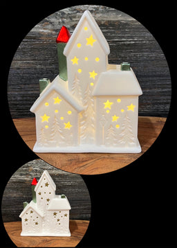 ITEM XMMO1007 - 6.5"X5.25"X2.5" LED CERAMIC HOUSE WITH STARS