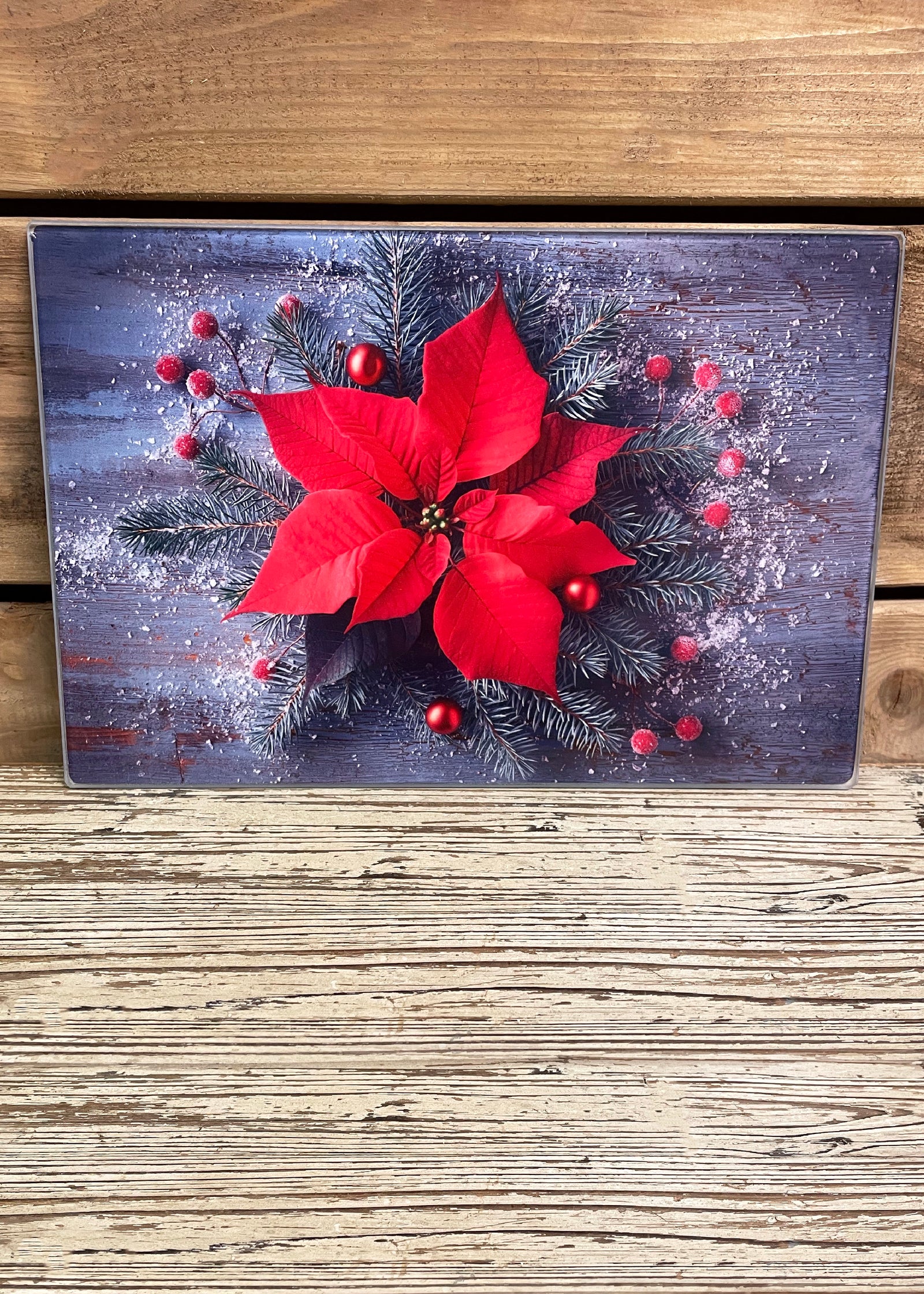 ITEM XMNOV1650PP -  8inX12in POINSETTIA CENTERPIECE PRINTED GLASS CUTTING BOARD