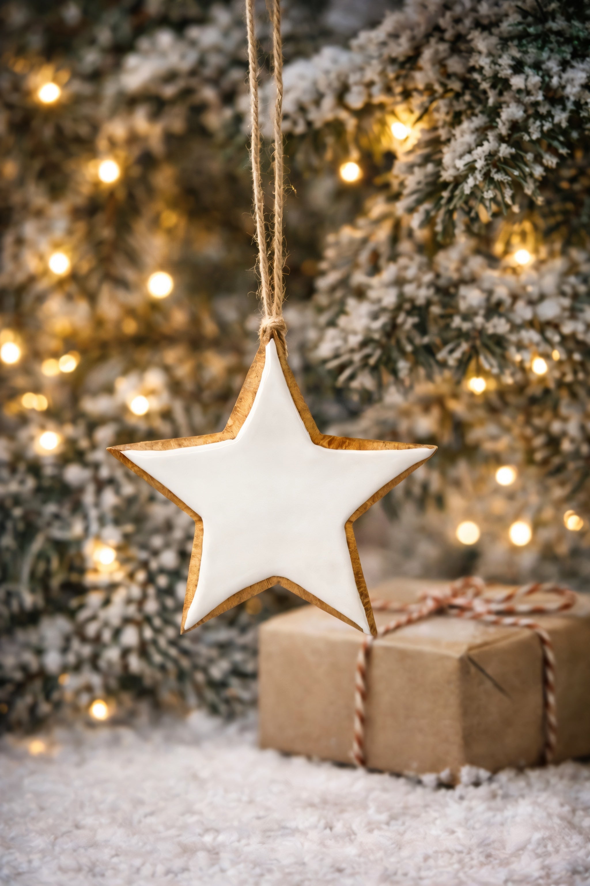 ITEM XMSTU2048 - 6" X 0.8" X 5.5" ENAMEL-COATED MANGO WOOD WHITE STAR ORNAMENT
