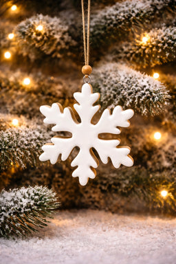 ITEM XMSTU2049 - 5" ENAMEL-COATED MANGO WOOD WHITE SNOWFLAKE ORNAMENT