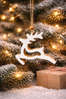 ITEM XMSTU2052 - 4" X 0.6" X 4.5" ENAMEL-COATED MANGO WOOD DEER CUT OUT ORNAMENT