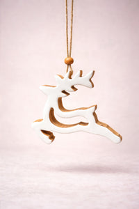 ITEM XMSTU2052 - 4" X 0.6" X 4.5" ENAMEL-COATED MANGO WOOD DEER CUT OUT ORNAMENT