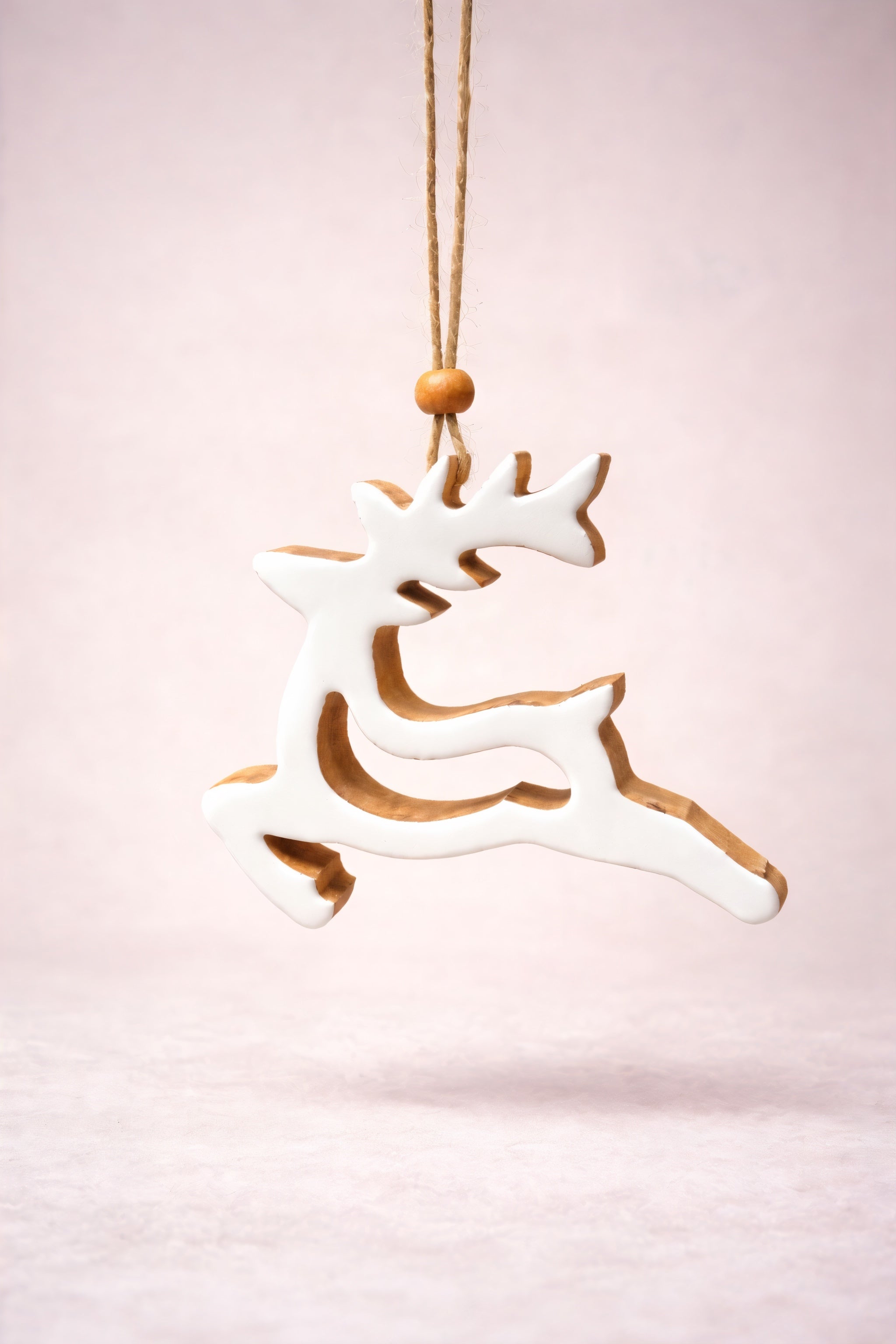 ITEM XMSTU2052 - 4" X 0.6" X 4.5" ENAMEL-COATED MANGO WOOD DEER CUT OUT ORNAMENT