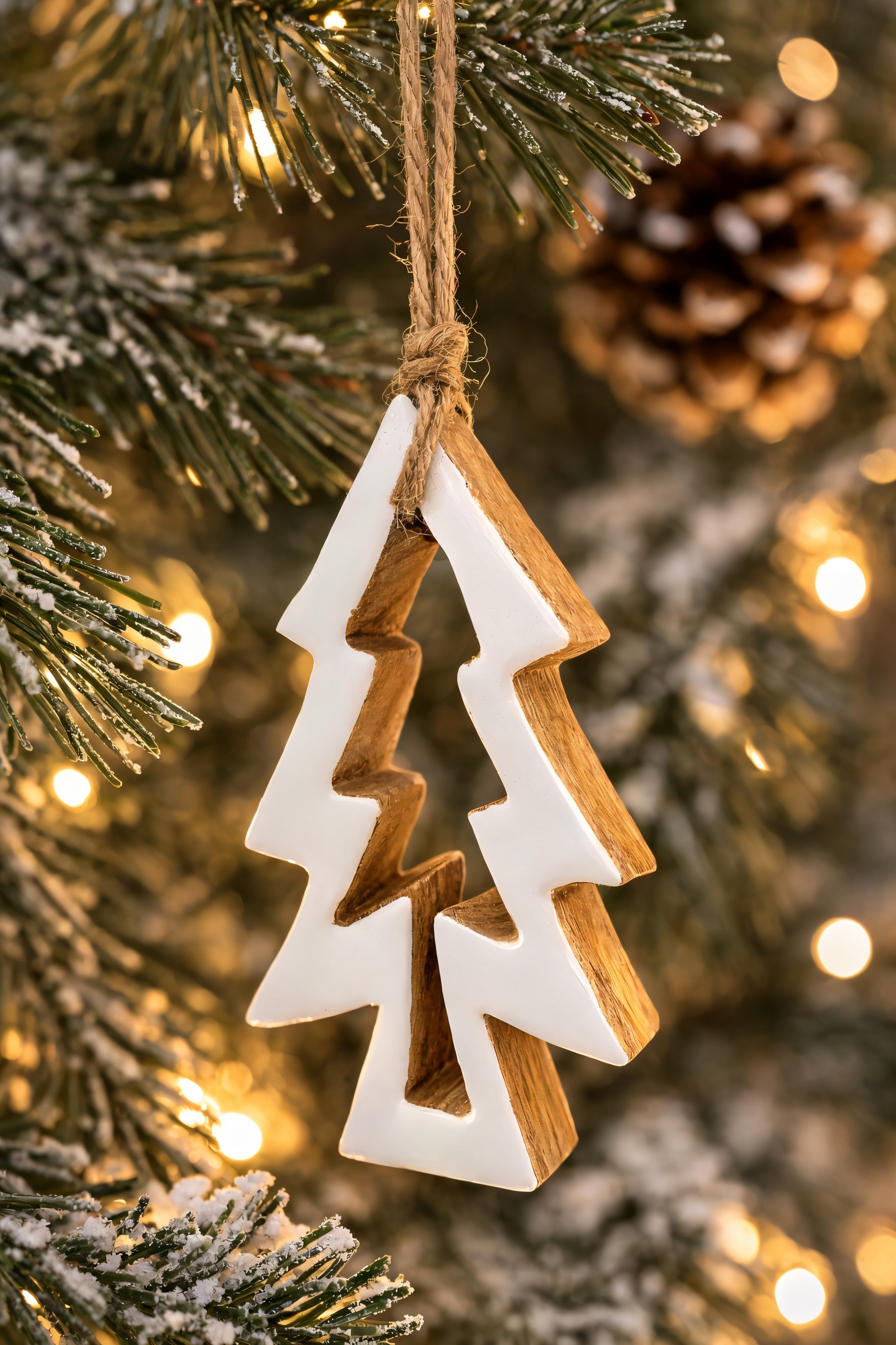 ITEM XMSTU2053 - 2.25" X 0.8" X 4" ENAMEL-COATED MANGO WOOD TREE CUT OUT ORNAMENT