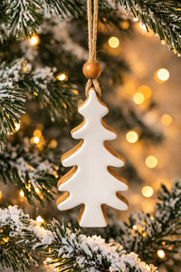 ITEM XMSTU2054 - 3" X 0.8" X 5.5" ENAMEL-COATED MANGO WOOD WHITE TREE ORNAMENT