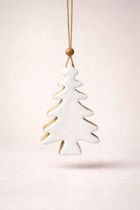 ITEM XMSTU2054 - 3" X 0.8" X 5.5" ENAMEL-COATED MANGO WOOD WHITE TREE ORNAMENT