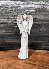 ITEM XMWC1034 - 2.25"X1.75"X6" POLYRESIN ANGEL WITH ENGRAVINGS HOLDING A TRUMPET
