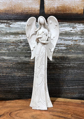 ITEM XMWC1035 - 3.5"X2.5"X10" POLYRESIN ANGEL WITH ENGRAVINGS HOLDING A HARP