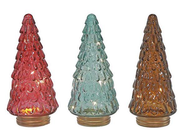 ITEM XMZI1001 - 4.25"X9.25" LED GLASS TREE - 3 ASSORTED COLOURS