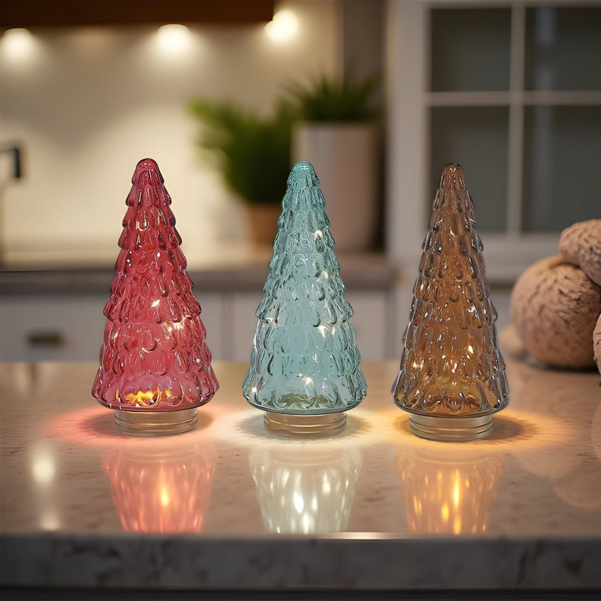 ITEM XMZI1001 - 4.25"X9.25" LED GLASS TREE - 3 ASSORTED COLOURS