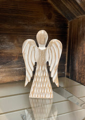 ITEM XN0557 - 7"H X 4"L WHITE WASH MANGO WOOD ANGEL