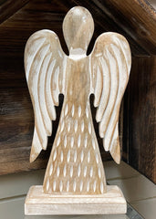 ITEM XN0561 - 16"H X 8"L WHITE WASH MANGO WOOD ANGEL