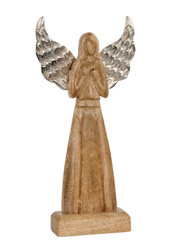 ITEM XN0562 - 12"H X 5.75"W NATURAL MANGO WOOD ANGEL WITH SILVER WINGS