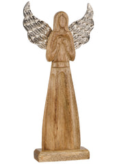 ITEM XN0564 - 15"H X 7"W NATURAL MANGO WOOD ANGEL WITH SILVERE WINGS