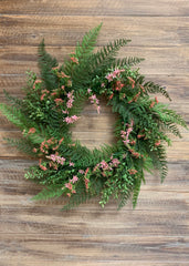 ITEM 11369 PK - 24" PINK LACE FERN WREATH WITH FLOWERS