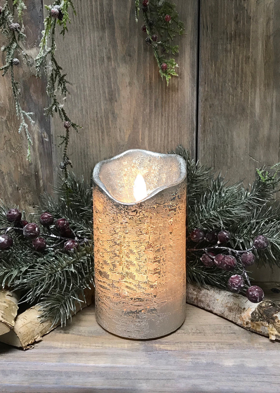 ITEM 1546 - 3"X7"SILVER FINISH MOVING FLAME LED PILLAR · Tri W Imports