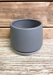 ITEM 56228 - 6" MATTE GREY CERAMIC PLANTER WITH SAUCER ATTACHED/DRAINAGE HOLE