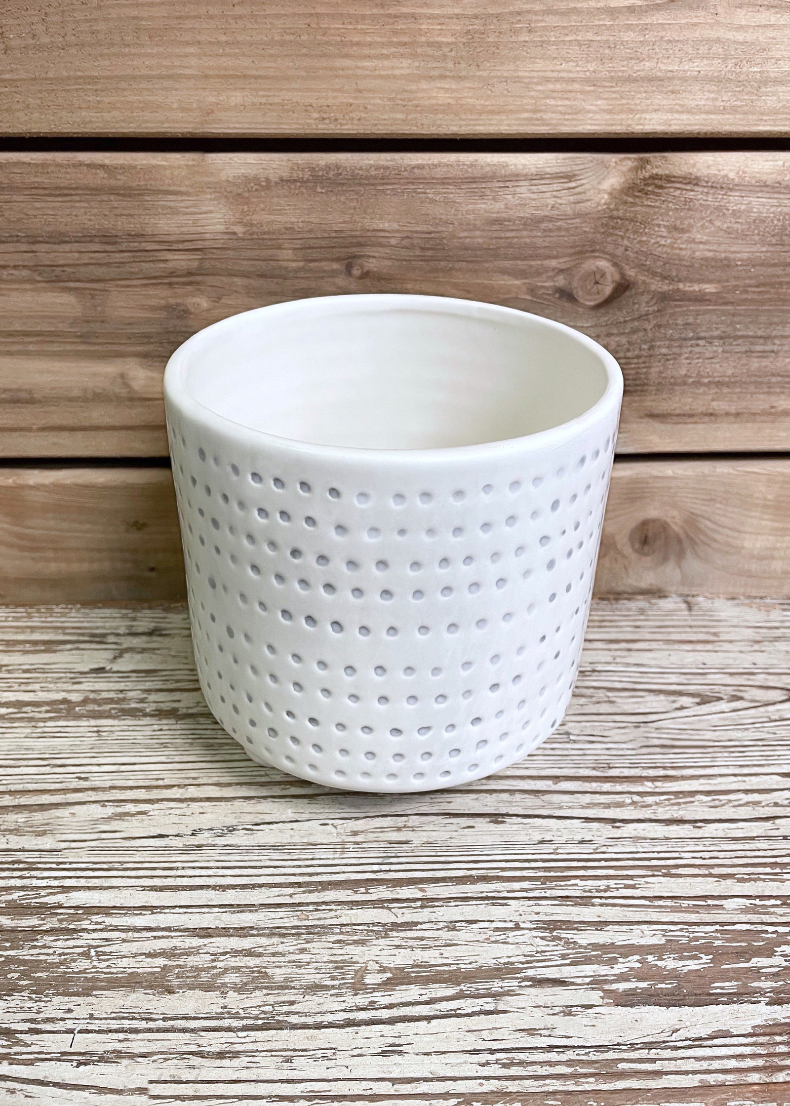 ITEM 65215 - 6"X6" WHITE DOTTY CERAMIC PLANTER WITH FEET