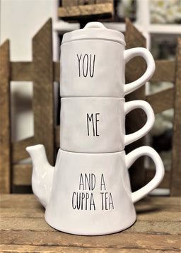 ITEM 65992 - CERAMIC FARMHOUSE MODERN "YOU", "ME", "AND A CUPPA TEA", TEA SET