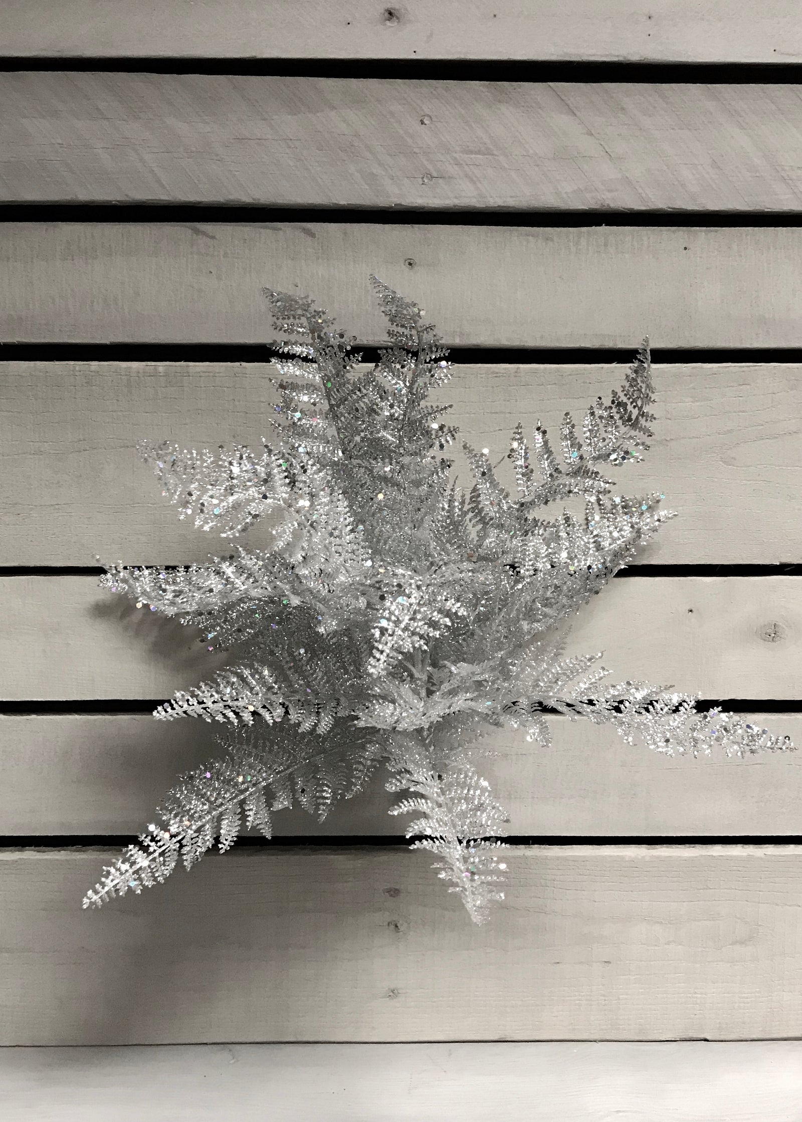 ITEM 81371 - 16" SILVER GLITTERED LACE FERN BUSH