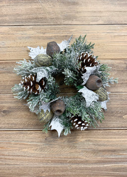 ITEM 81423 - 3" INSIDE DIM, 10" OUTSIDE DIM WALNUT/CONE/NUT CANDLE RING
